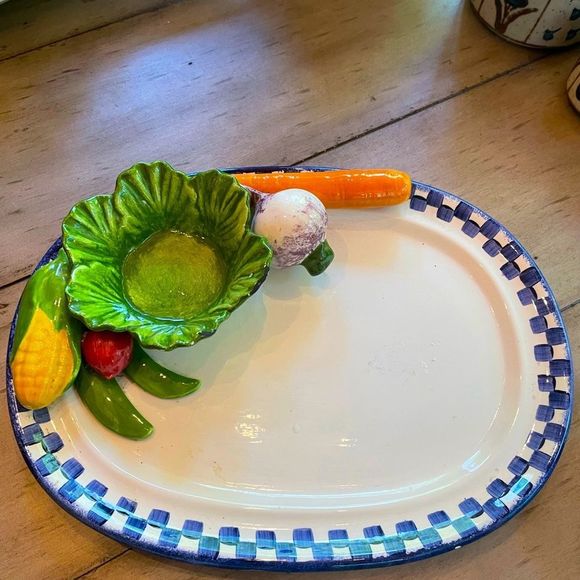 Rare Vintage Cali Pottery 3D Vegetable Dip Platter Serving Dish Blue Check - Picture 1 of 7